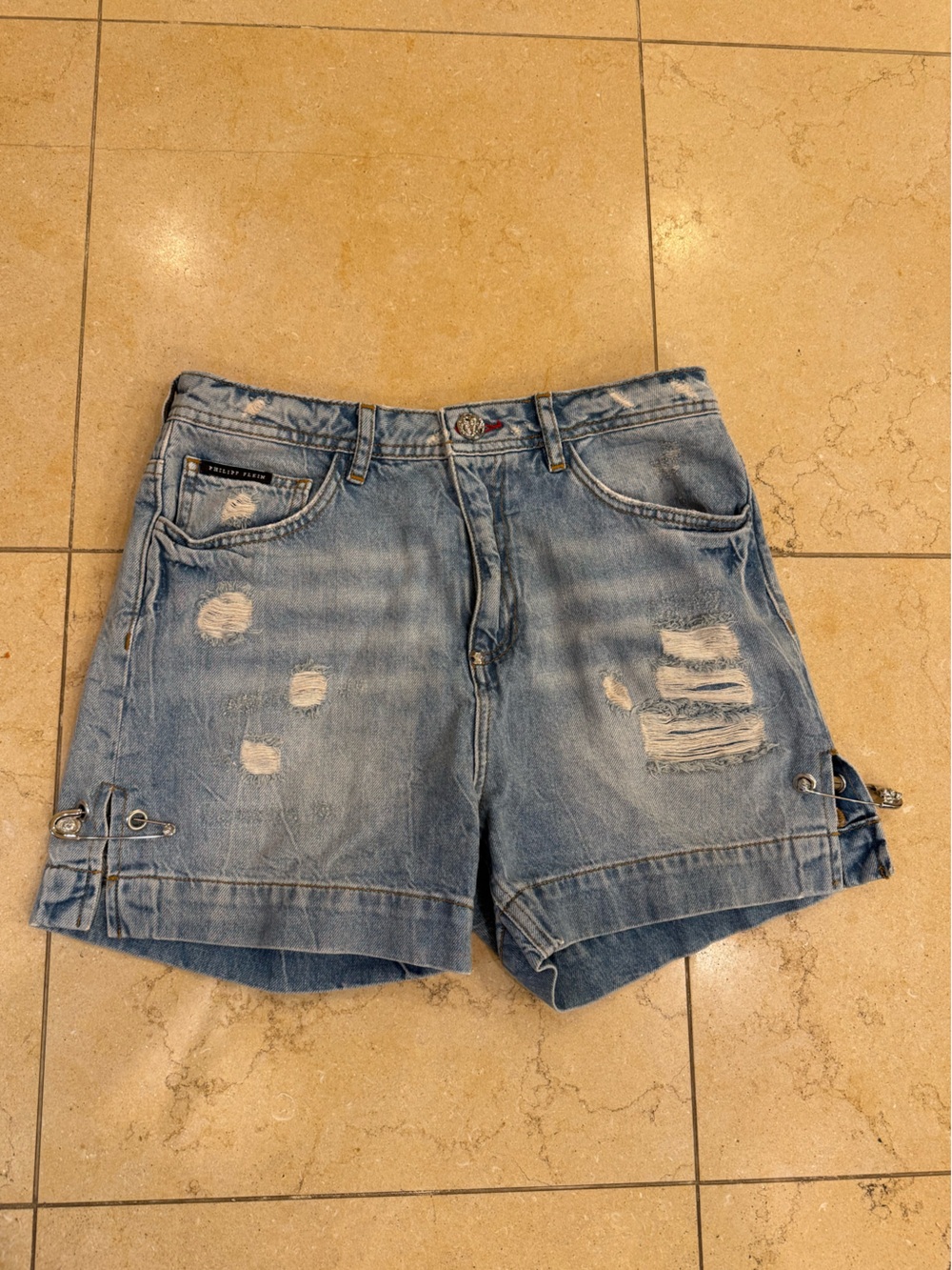 Philipp Plein Light Blue Distressed Denim Shorts